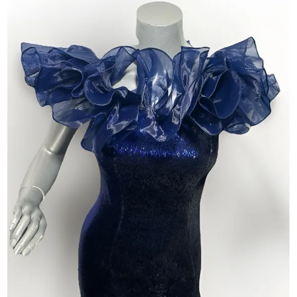 Sherri Hill 55328 Navy Blue Sequin Off-The-Shoulder Ruffle Gown – Size 00 - Image 10