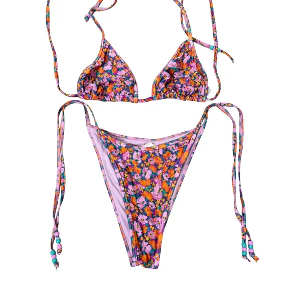 L*Space Bikini Set Multicolor Floral Triangle Top Side Tie Bottoms Size M/M - Image 3