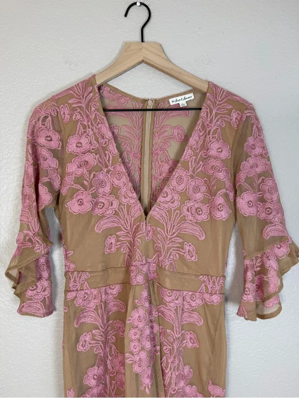 For Love & Lemons Temecula Mesh Embroidered Mini Dress in Nude Rose Pink Large - Image 4