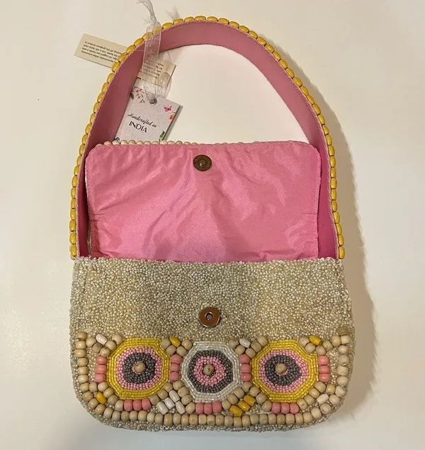 Handcrafted in India Colorful Pink Pastel Wooden Beaded Shoulder Bag Purse - Image 11