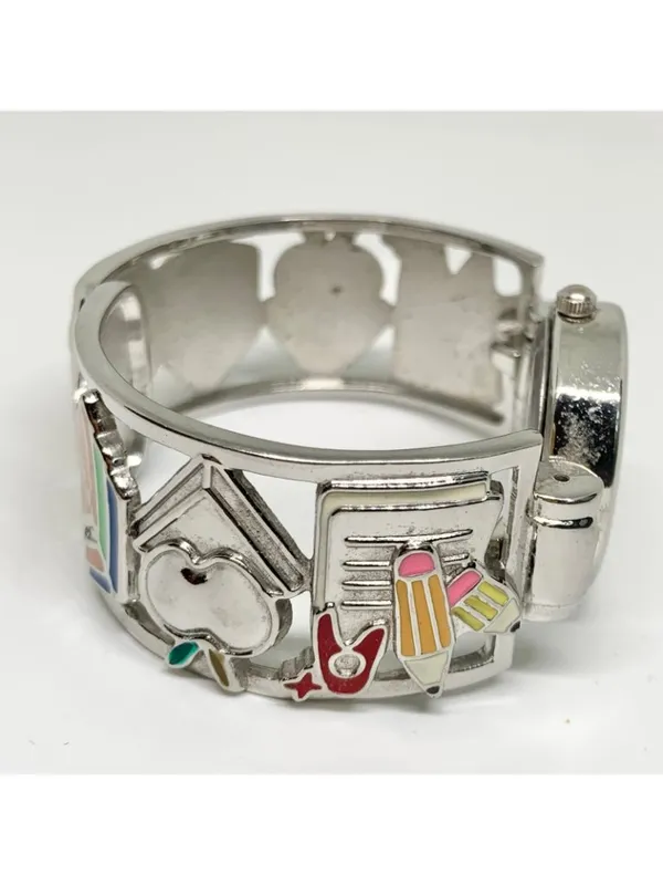 Geneva Teacher School cuff bracelet watch 26mm silver tone quartz running - Image 3