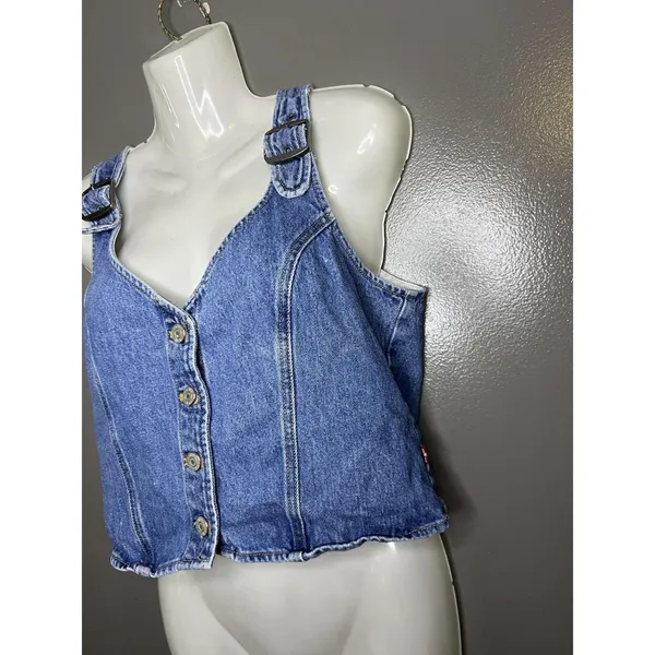 Levi's Tank Top Womens Medium Blue Denim Button Front Buckle Strap Cropped - Image 3