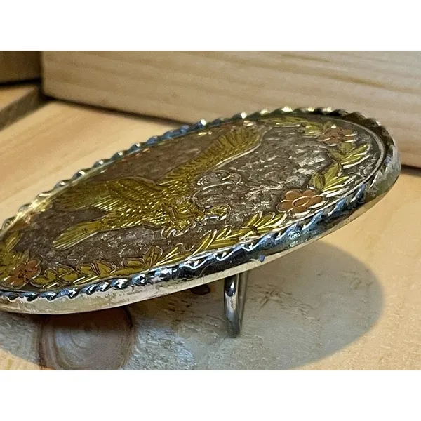 Vintage Eagle Belt Buckle Made In USA Mixed Metal Silver Gold Copper Oval - Image 6