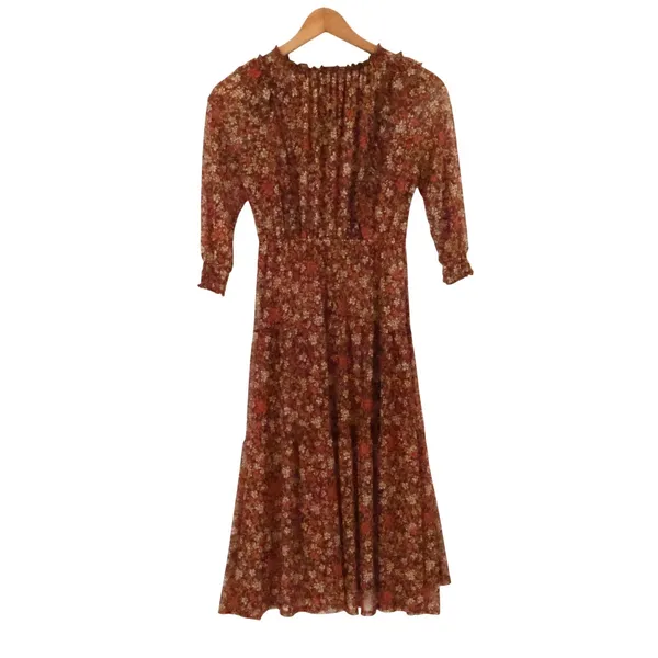 Velvet Torch Floral Mesh Midi Dress Size XS Brown Boho Cottage Tiered‎ Sheer - Image 6