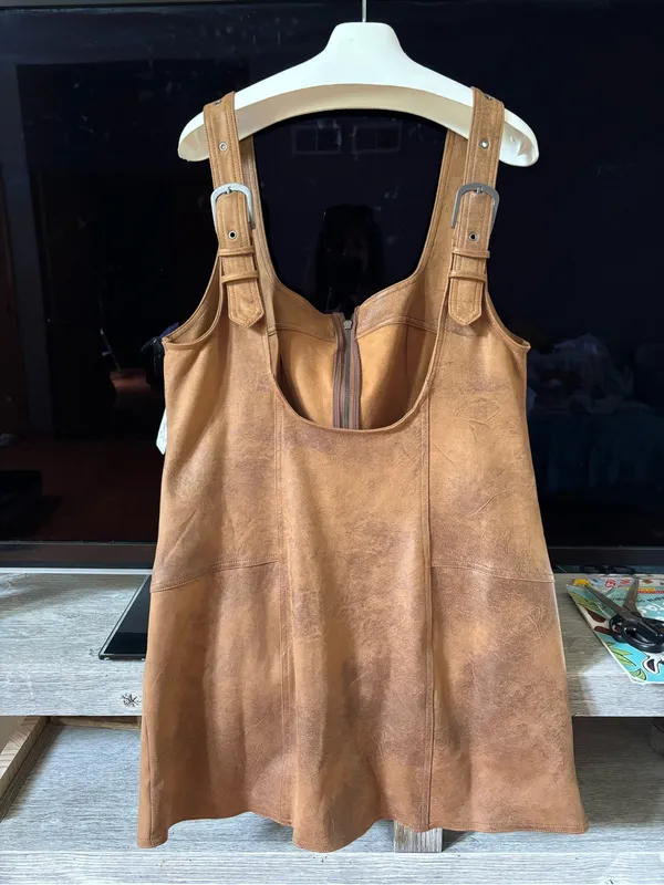 Free People Tan Faux Leather Pinafore Dress with Front Zip - Image 3