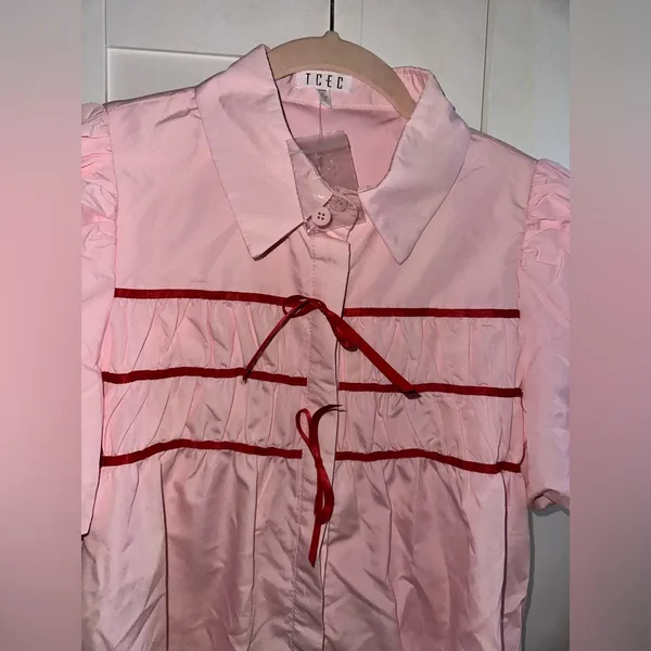 NEW TCEC PINK & Red Button UP Contrast Ribbon Mini Dress - Image 2