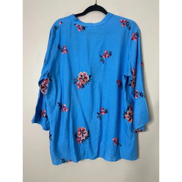 Kindred Womens Floral Embroidered Button Up Shirt Top Size‎ 1X Boho Blue Cottage - Image 5