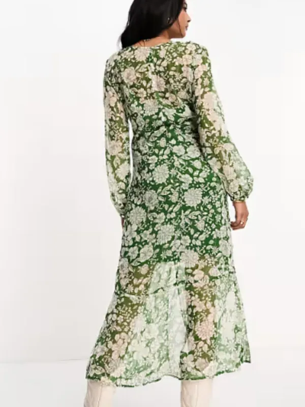 NWT Mango MNG Floral Sheer Green White Romantic Twist Front Midi Dress XS $129 - Image 5