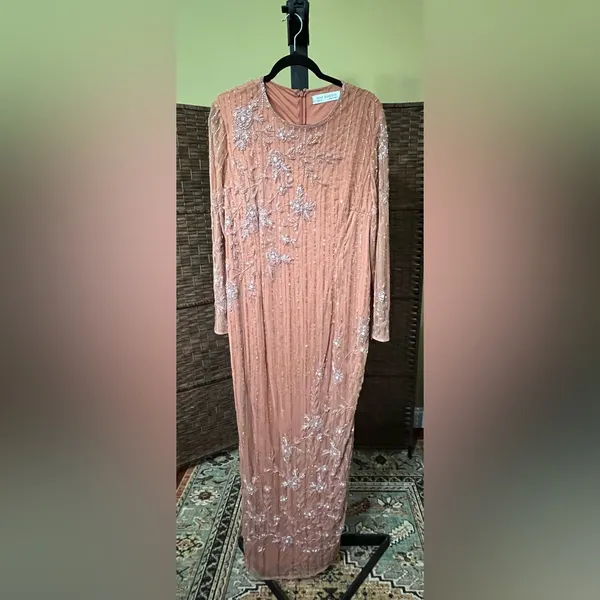 New Mac Duggal Pink Embellished High Neck Illusion Long Sleeve Gown - Size 14 - Image 3
