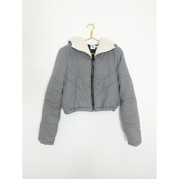 Princess Polly The Keir Puffer Jacket Black/White Size L/XL Plaid Gingham - Image 4