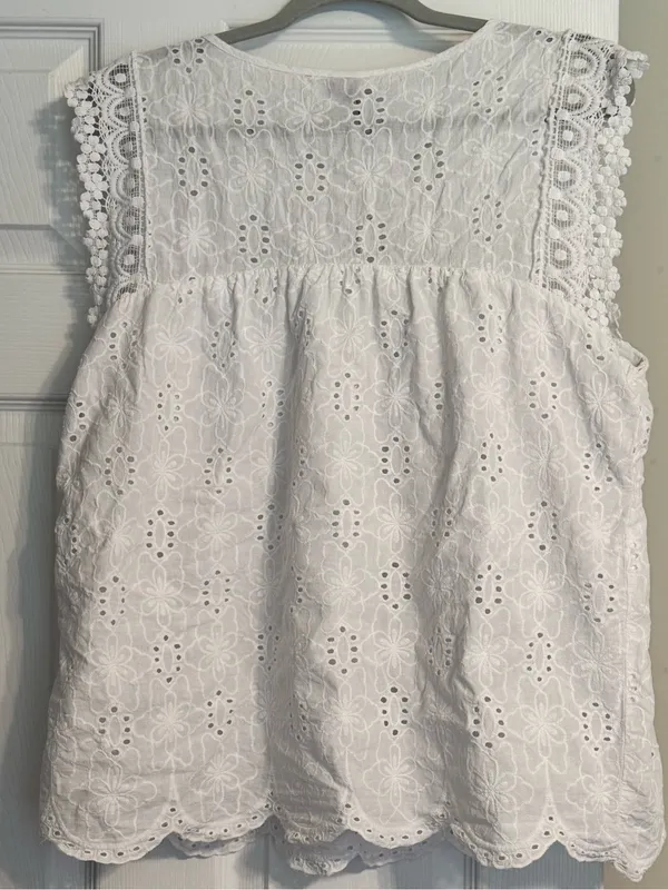 Knox Rose White Eyelet Cotton Cap Sleeve Summer Cottage Boho Lace Trim Top Large - Image 3