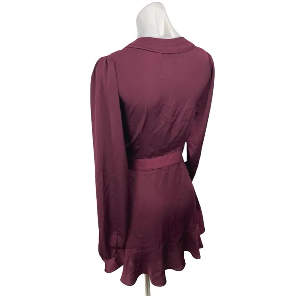 Lulus Red Maroon Long Sleeve V Neck Cocktail A Line Mini Wrap Dress Size S - Image 2