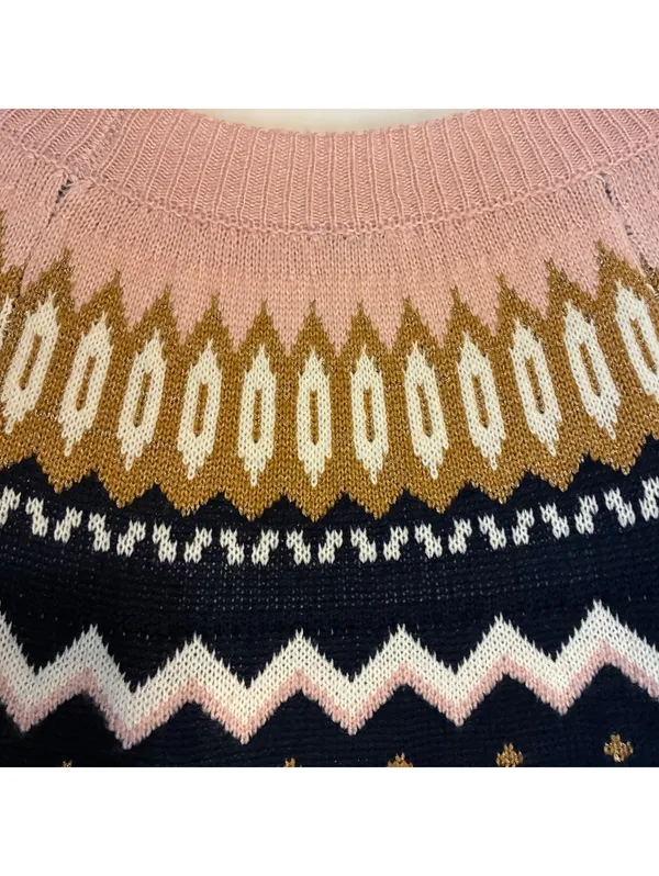 Crown Ivy Preppy Fair Isle Nordic Knit Pullover Soft Sweater Navy Pink Gold Sz M - Image 5
