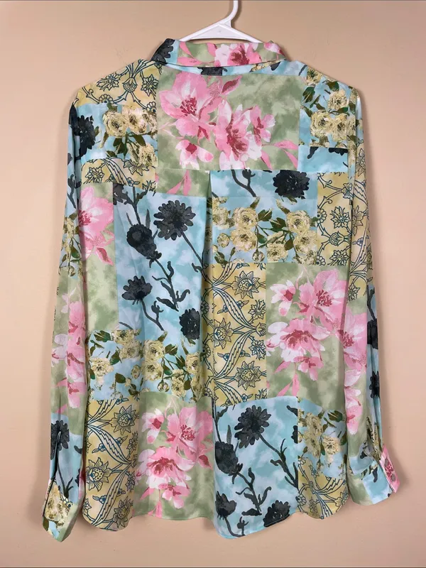 NWT Rose & Olive Women’s Floral Print Patchwork Silky LS Button-Up Blouse - Image 5
