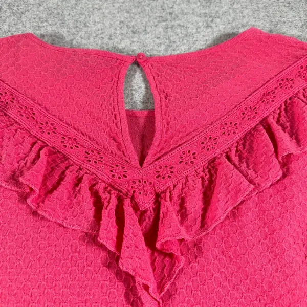 J. Crew Medium Womens Top Blouse Honeycomb Pattern Ruffle Neck Pink Puffy Sleeve - Image 9