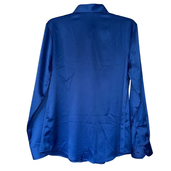 Cunlin Womens Royal Blue Satin Button Down Blouse Long Sleeve Stretch Shirt S - Image 2