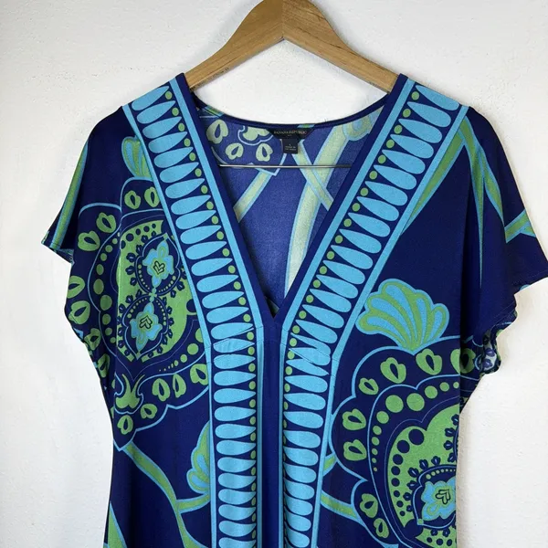 Banana Republic V Neck Dress large Navy Green A-Line Women's boho resort travel - Image 4