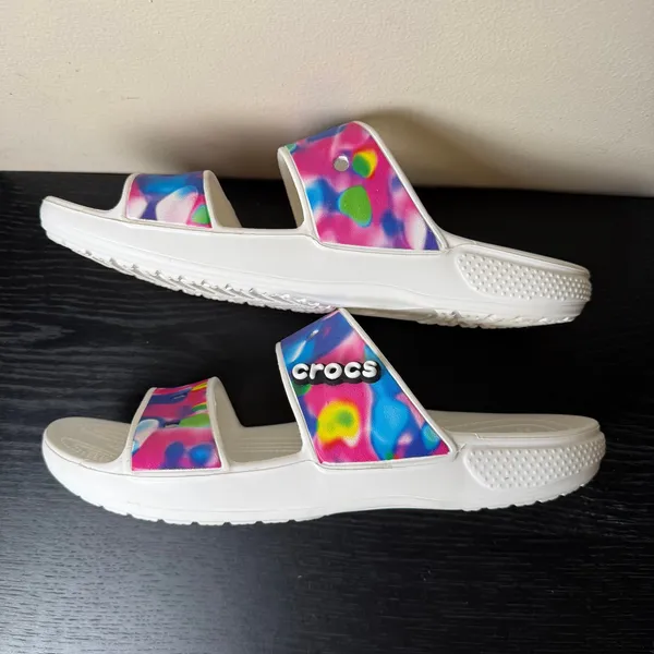 Crocs Classic Tie Dye Sandals White Multi Color Double Strap Slides Womens 11 - Image 6