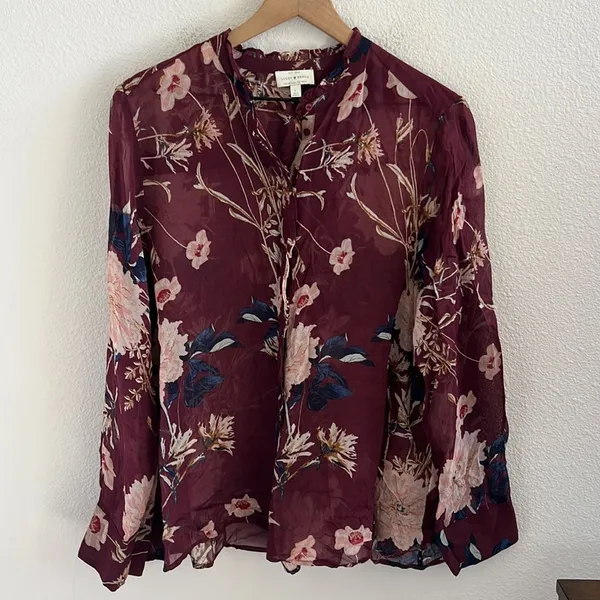 Lucky Brand Ruffled Floral Print Button Up Shirt Chiffon Semi Sheer Large - Image 2