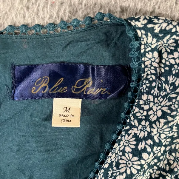 Blue Rain Shorts Romper Women M Teal Floral Bell Sleeve Crochet Boho Cottage‎ - Image 12
