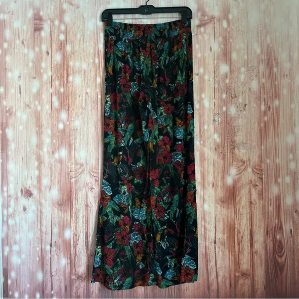 Mudd Y2K Pull On Flare Leg Boho Black Floral Red Tropical Blue Print Pants Sz M - Image 6