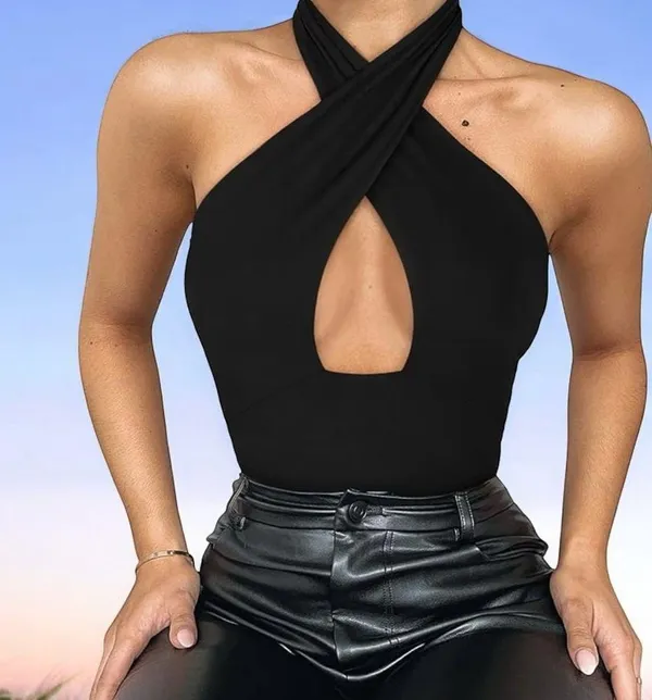 REORIA Butsmooth Womens Trendy Criss Cross Halter Neck Sleeveless Thong Bodysuit - Image 3