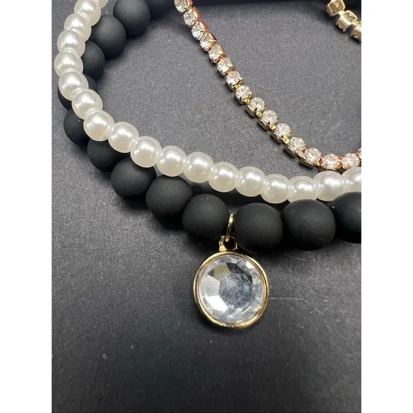 New! Isaac Mizrahi New York 3 Stack Bracelet Set Faux Pearl Beads Gold Chain - Image 5