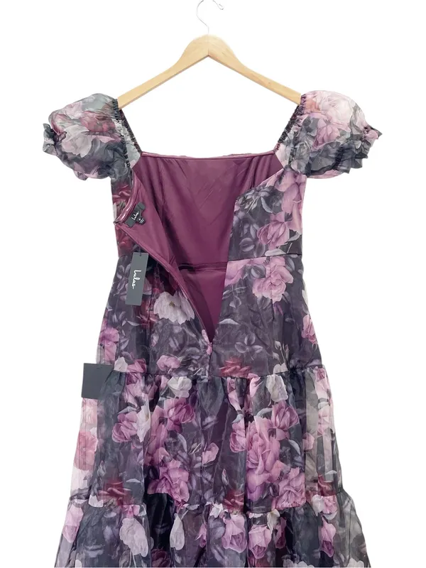 NWT Lulus Delightful Expression Maxi Dress Sz Medium Black Purple Floral Organza - Image 8