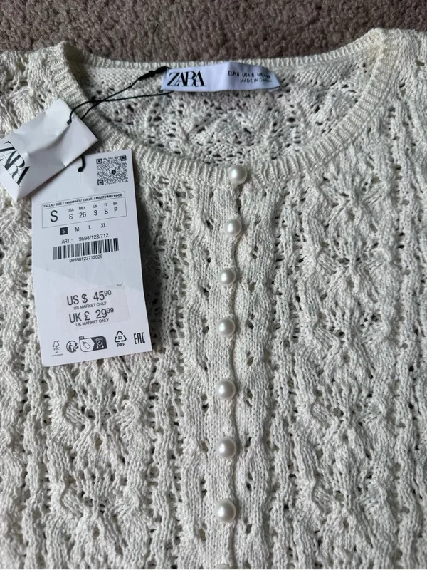 ZARA White Crochet Knit Button Up Short Sleeve Sweater Small - Image 3