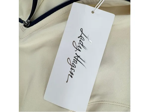 Lady Hagen Sleeveless Golf Shirt Beige Tropical Blue Trim Drawstring Waist Small - Image 7