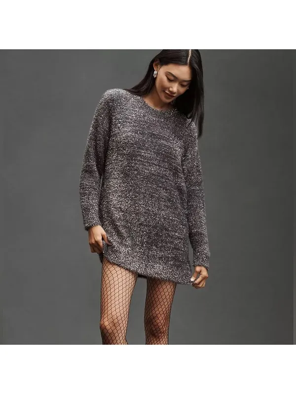 By Anthropologie Eyelash Knit‎ Mini Gray Silver Dress Size Large EUC - Image 9