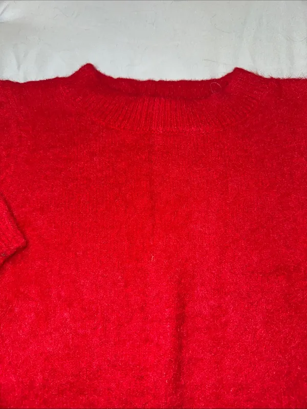 Red Fuzzy Crewneck Sweater with Ribbed Trim - Image 2
