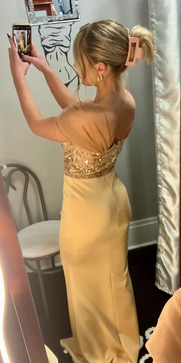 Boutique Tan/Nude Satin And Corset Mesh Embroidered Maxi Dress - Image 2