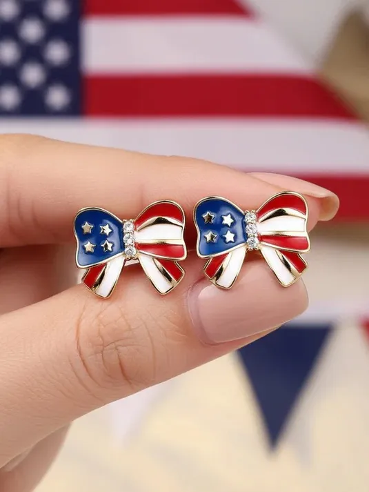 American Flag Bow Stud Earrings in Red, White & Blue Red - Image 5