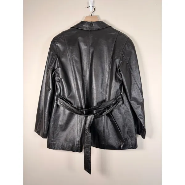 GIANT Black Leather Jacket Belted Collar Button Front Size‎ M Size M - Image 3
