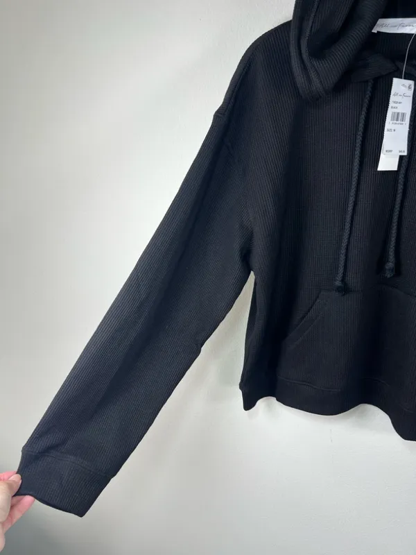 All In Favor Waffle Knit Hoodie Shirt Black Kangaroo Pocket Thermal Basic NEW M - Image 7