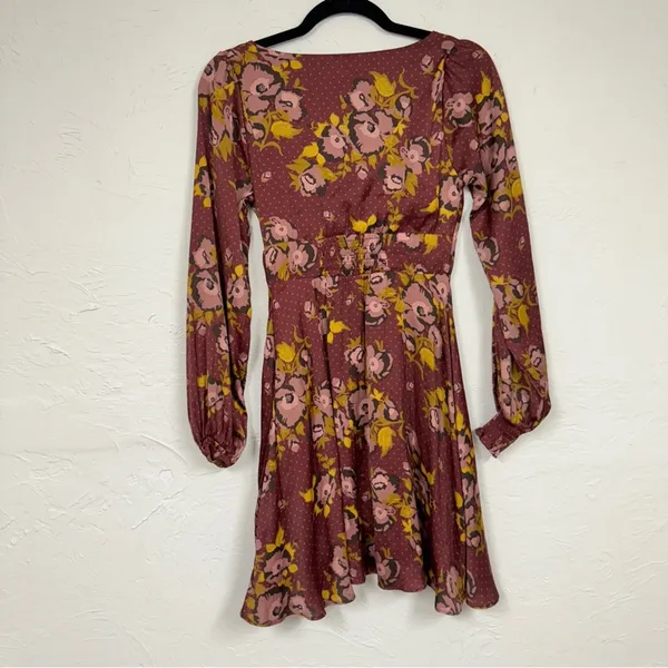 Free People Red Floral Balloon Sleeve Mini Dress Womens 2 Peasant Satin Burgundy - Image 13