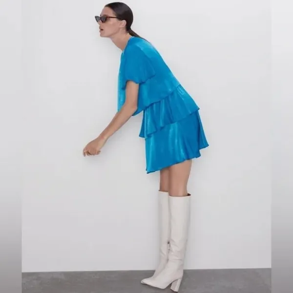 Zara Turquoise Blue NWT Ruffled Satin Effect Mini Dress - Image 2