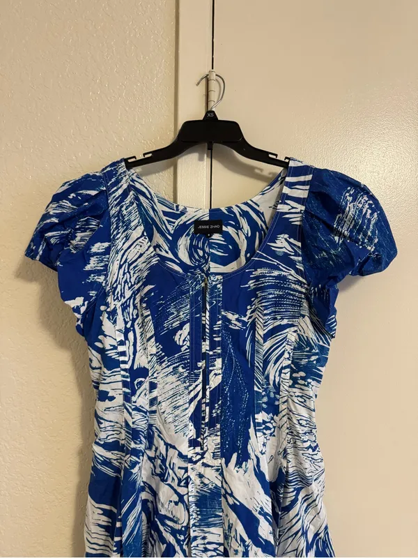 Jessie Zhao Blue Printmaking Scoop Neck Cotton Midi Dress Size 8 - Image 3