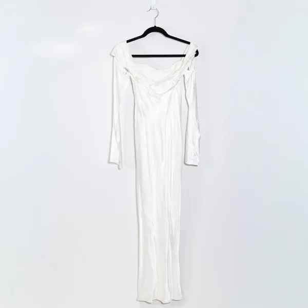 Meshki Giselle Off Shoulder Cowl Neck Long Sleeve Satin Maxi Dress White XS - Image 4