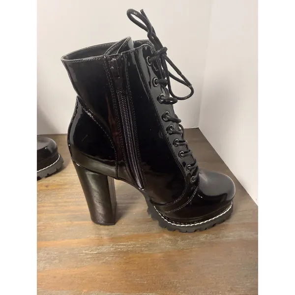 Liliana Black Patent Lace-Up Combat Boots Chunky Platform Heel Size 8 - Image 3