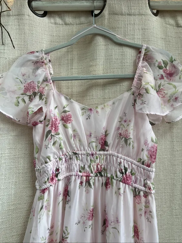 Floral Chiffon Flounce Sleeve Shirred Midi Dress Small - Image 12