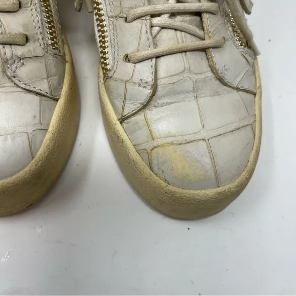 Giuseppe Zanotti Sz 5 EUR 36 Croc Embossed Leather High Top Sneakers Cream Gold - Image 4
