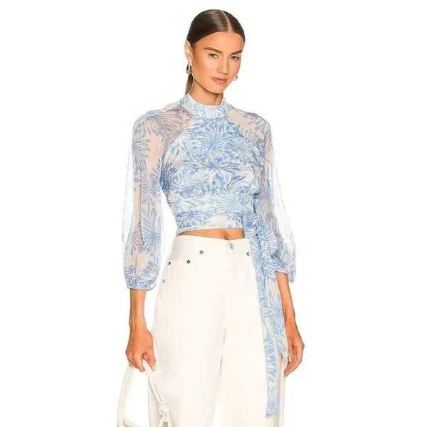 Amanda Uprichard Sheer Floral Cropped Tie Blouse Open Back Mock Neck Blue S - Image 4