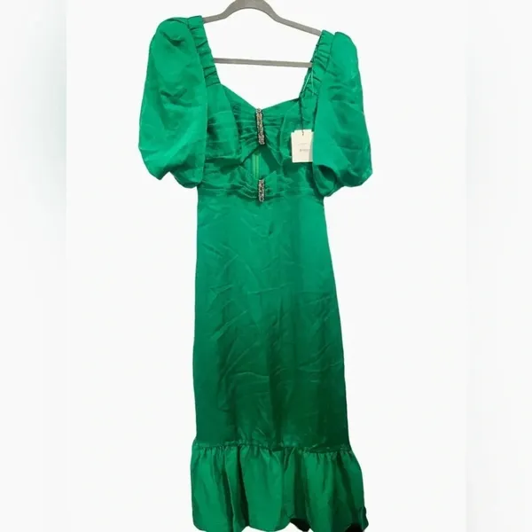 💚‎ Sandro Paris Rhinestone Cutout Green Midi Dress ✨ Puff Sleeve Glam 💚 - Image 2