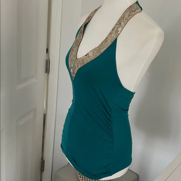 Stunning Teal Blue Y2K Halter Top with Gold Sequins - Image 6