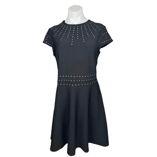 H&M Black Cap Sleeve Crew Studded Rhinestone A Line Fit & Flare Mini Dress Sz M - Image 2
