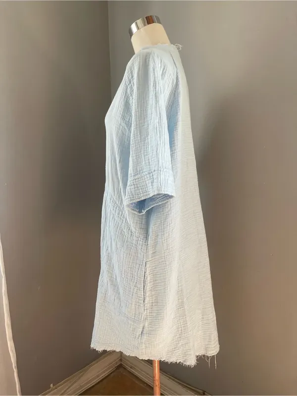 Light Blue Button-Front Midi Dress with Frayed Trim - Image 2
