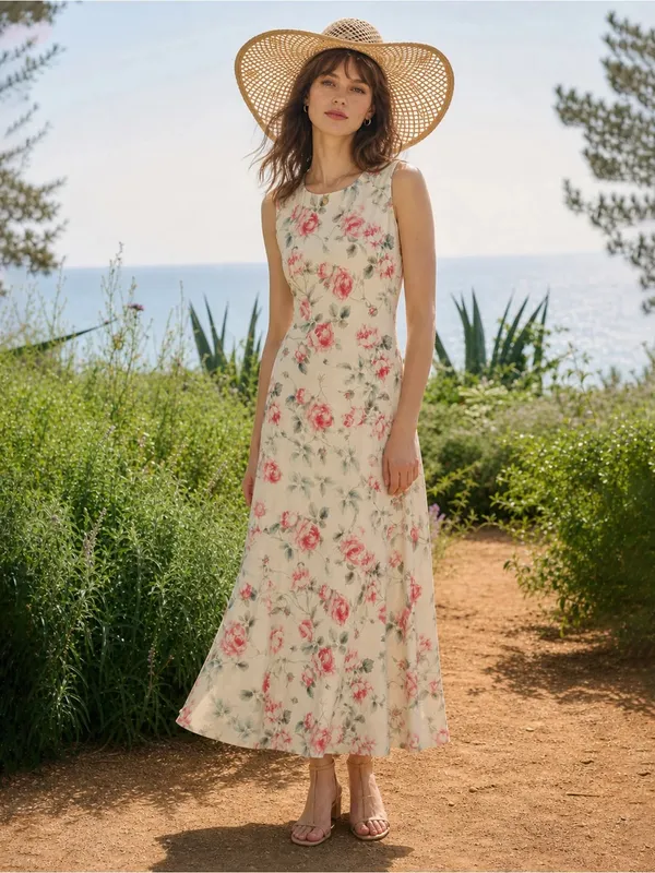 Rihoas Floral Sleeveless Maxi Dress — Pink Rose on Cream - Image 2