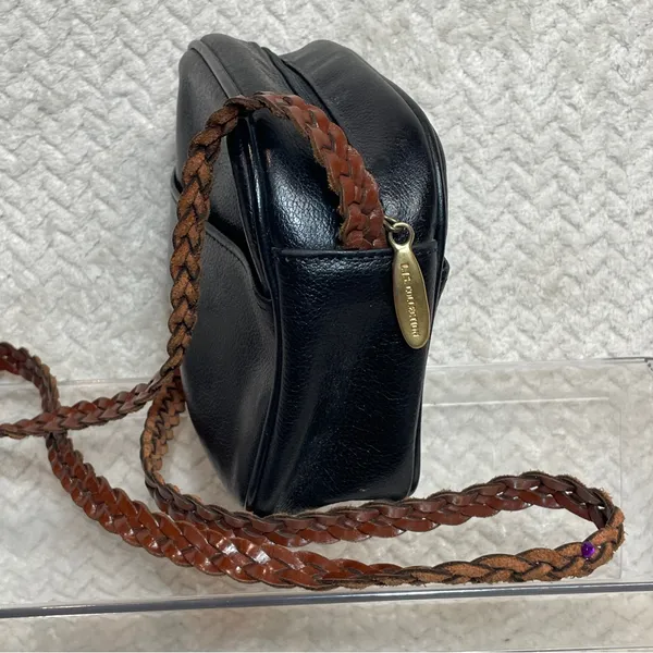 Vintage LJS Collection Small Black Crossbody Bag Brown Braided Strap 90s Classic - Image 3